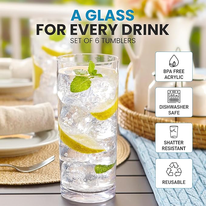 Zulay Kitchen Plastic Drinking Glasses – 16oz Acrylic Shatterproof Water Cups - Image 2