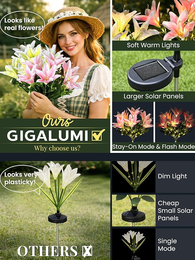 GIGALUMI Solar Garden Lights, 8 Pack LED Lily Garden Decor Carefree Solar - Image 4