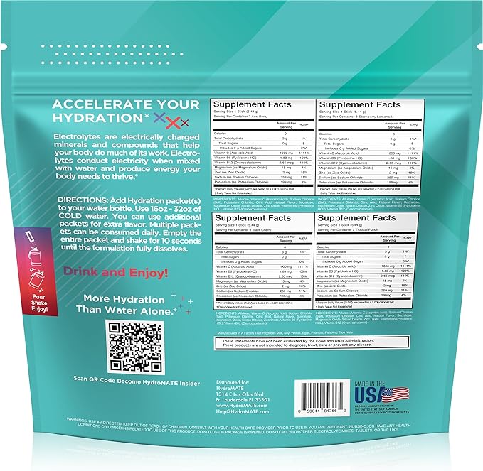 Electrolyte Powder Sugar-Free Hydration Packets Variety Pack HydroMATE 30 Sticks - Image 4