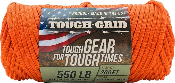 TOUGH-GRID 550 Paracord, Type III Mil-Spec Nylon Rope - 200 Ft Neon Orange - Image 3