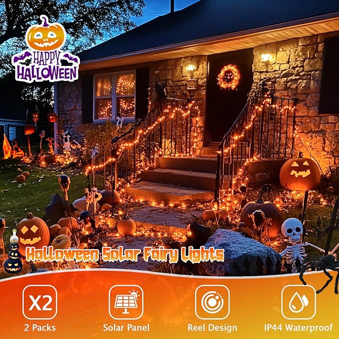 JMEXSUSS 4 Pack Solar Halloween Lights, Total 400 LED 132 FT Orange Solar - Image 2