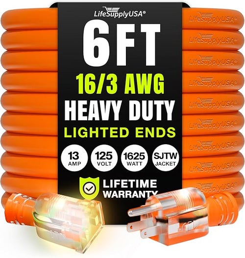 6ft Outdoor/Indoor Extension Cord 16/3 Gauge Heavy Duty 3 Prong SJTW, Waterproof by LifeSupplyUSA