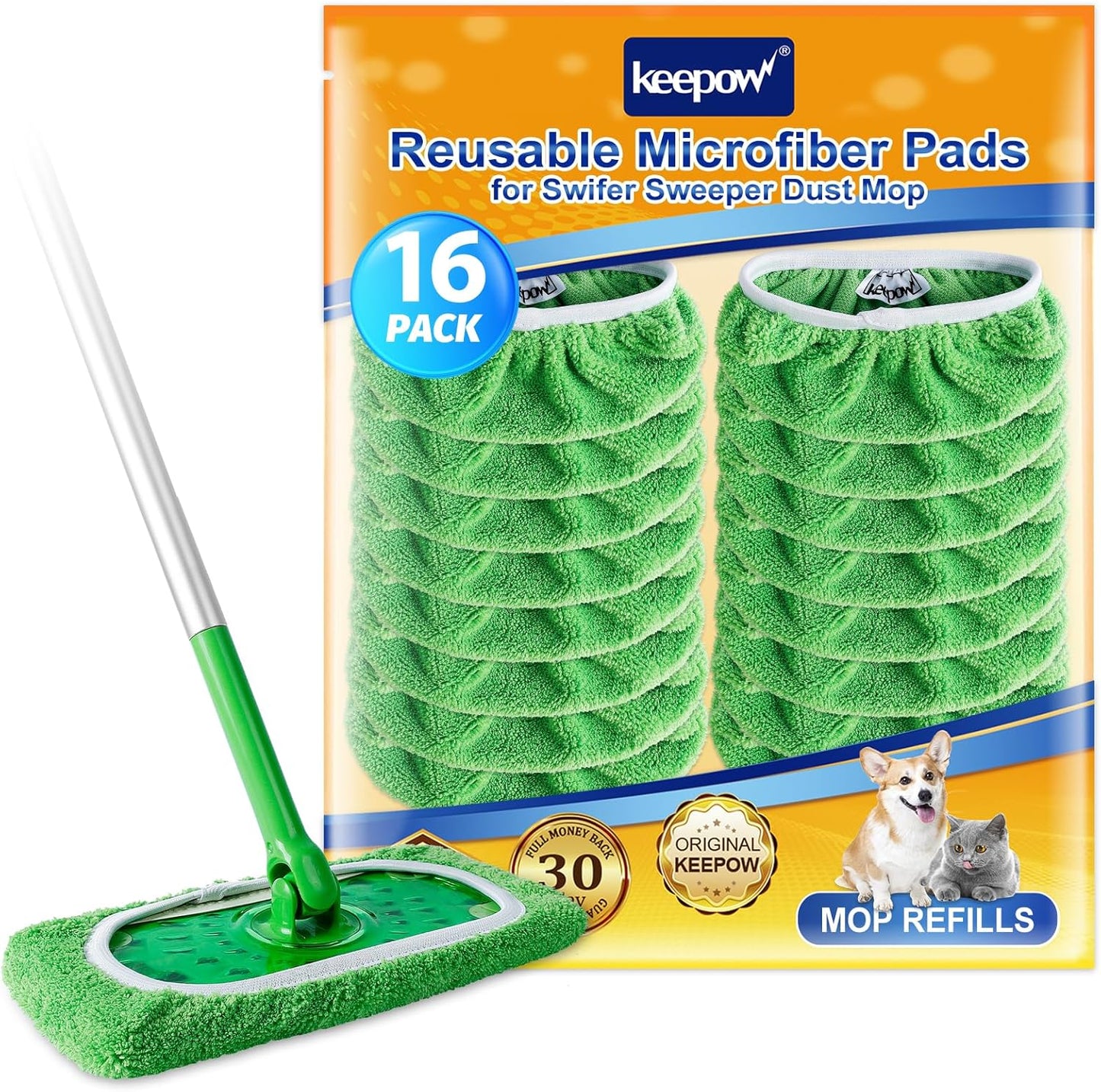 KEEPOW Reusable Wet Pads Compatible with Swiffer Sweeper Mop, Dry Sweeping Cloths, Washable Microfiber Wet Mopping Cloth Refills for Surface/Hardwood Floor Cleaning, 16 Pack (Mop is Not Included)