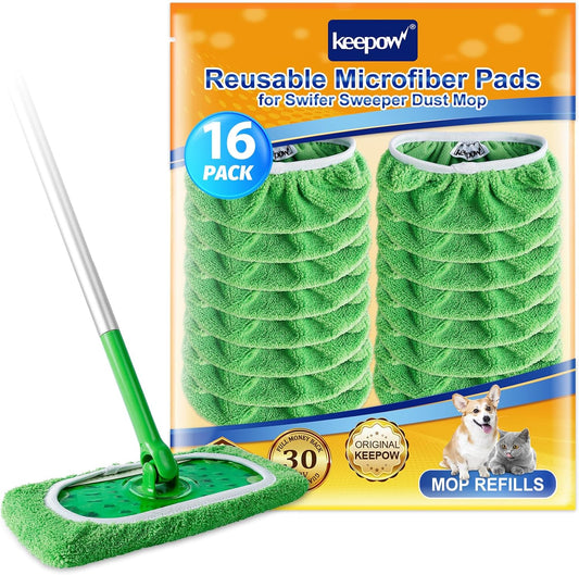 KEEPOW Reusable Wet Pads Compatible with Swiffer Sweeper Mop, Dry Sweeping Cloths, Washable Microfiber Wet Mopping Cloth Refills for Surface/Hardwood Floor Cleaning, 16 Pack (Mop is Not Included)