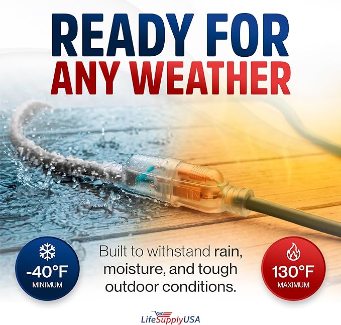 25ft Outdoor/Indoor Extension Cord 16/3 Gauge Heavy Duty 3 Prong SJTW, - Image 5