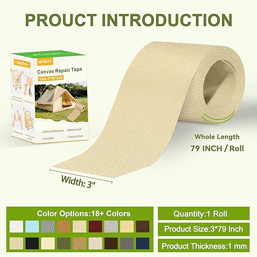 Besezx Canvas Repair Tape, Outdoor Gear Patch, 3x79 Inches, Waterproof - Image 2