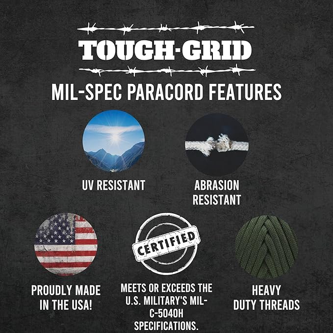 TOUGH-GRID 550 Paracord, Type III Mil-Spec Nylon Rope - 1000 Ft Black Tactical - Image 5