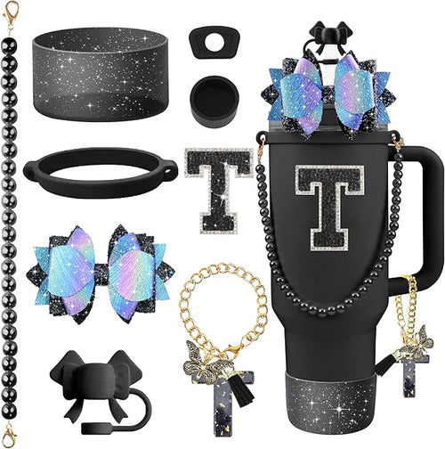 9PCS Black for Stanley Cup Accessories Set Bling Initials Bow Charms for by Unknown