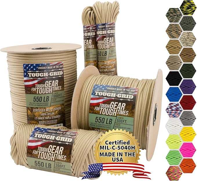 TOUGH-GRID 550 Paracord, Type III Mil-Spec Nylon Rope - 200 Ft Buckskin by TOUGH-GRID