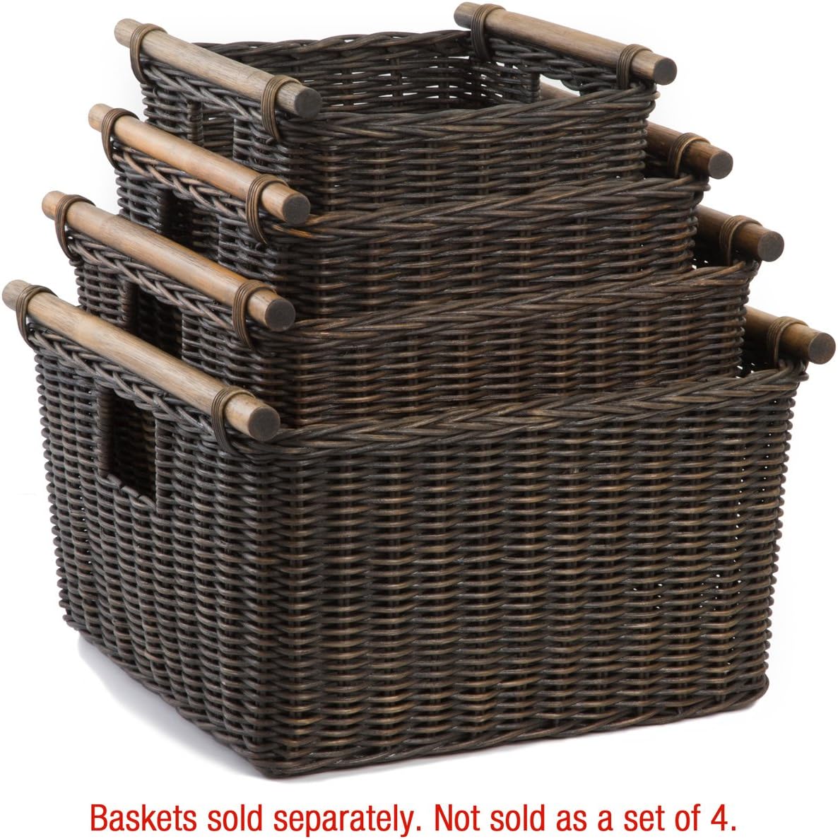 The Basket Lady Deep Pole Handle Wicker Storage Basket, Medium, 13.5 in L x 14 in W x 9 in H, Antique Walnut Brown