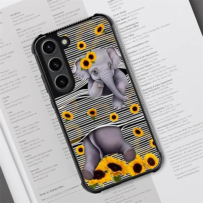 for Samsung Galaxy S23 Plus Case, Cute Little Elephant Sunflower White Line Art - Image 3