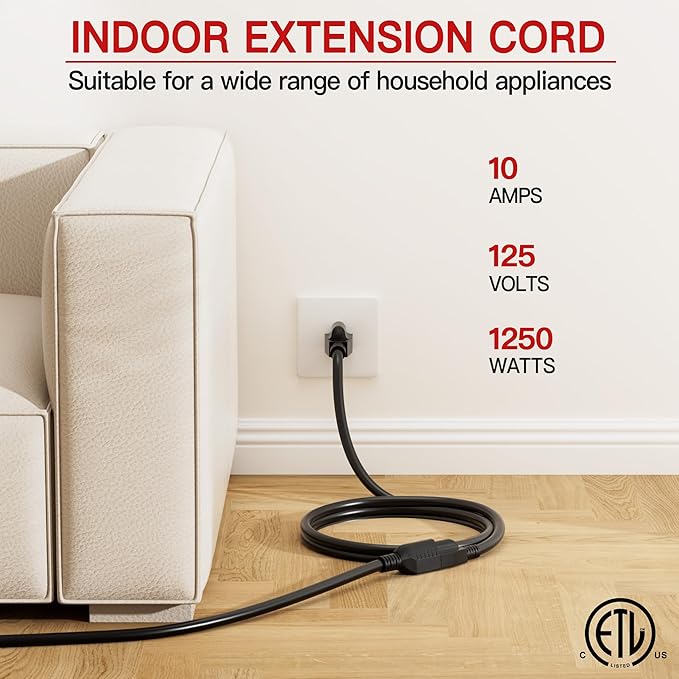 18/3 Indoor Extension Cord 3 FT, 3 Prong Power Cable, Suitable - Image 3