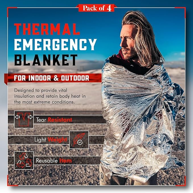 Emergency Blanket 4-Pack Space Mylar Blankets Survival Gear and Supplies - Image 2