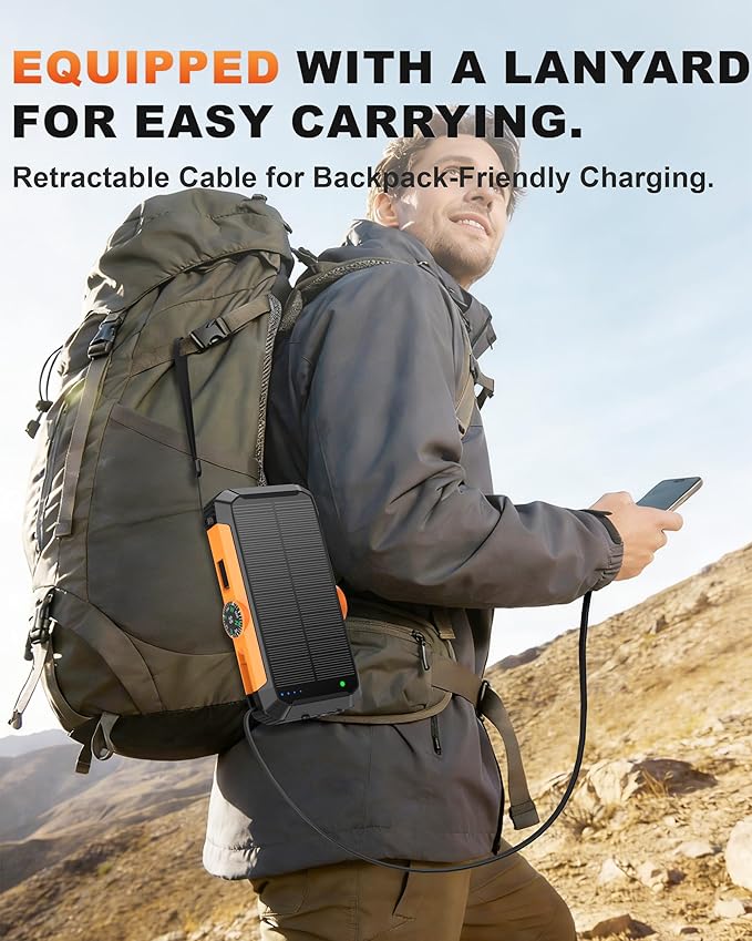 Solar Power Bank with Hand Crank and Retractable Cables, 20000mAh Wireless - Image 9