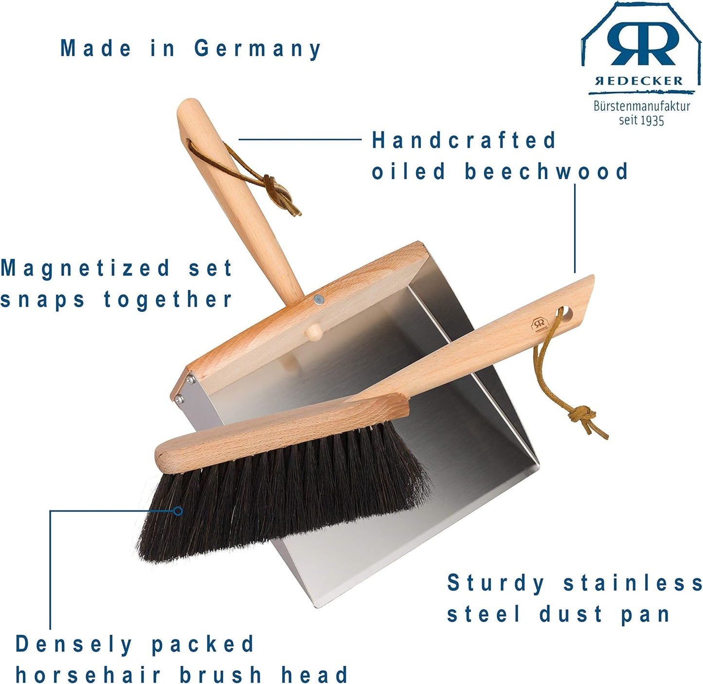 REDECKER Horsehair Fiber Hand Brush and Dust Pan Set, Heavy Duty Broom and Dustpan Combo for Home and Outdoor, Oiled Beechwood Handles, Stainless Steel Dust Pan, Made in Germany, 14-1/8-Inches