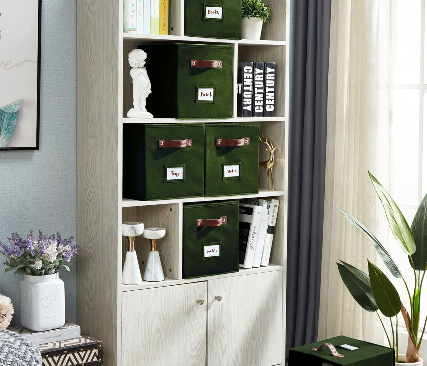 DECOMOMO Storage Bins, Cube Storage Bin with Labels, Fabric Storage Cubes for Shelves (10.5" x 11" / 6pcs, Olive Green)