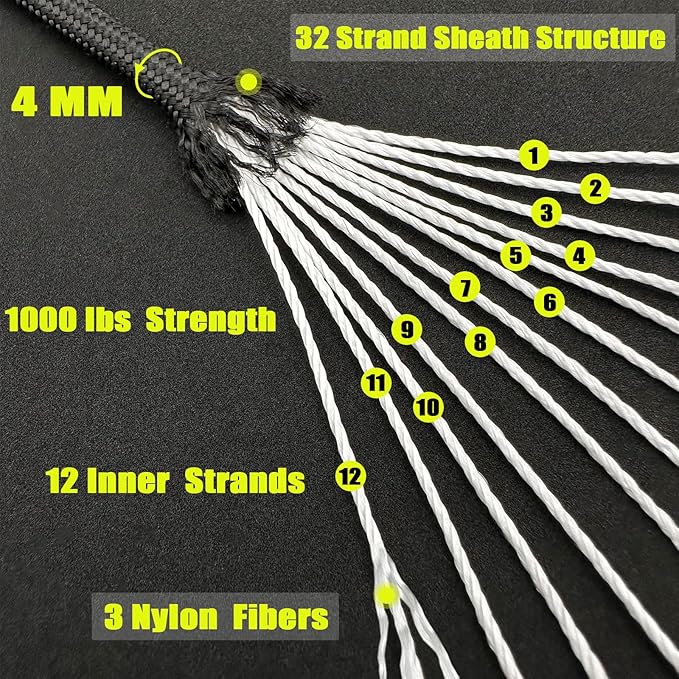 VVAAGG 1000 Black Paracord Rope 100FT Utility Nylon Heavy Duty 12 Strand - Image 2