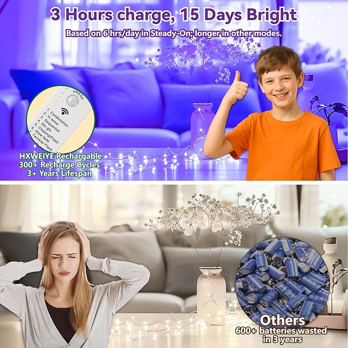 HXWEIYE Rechargeable Fairy Lights Battery Operated, DIY Timer & 8 Modes - Image 3