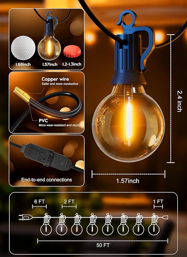 Outdoor String Patio Lights, 50FT 25 LED Patio Lights Waterproof, Connectable - Image 7