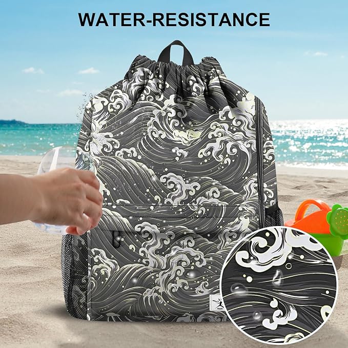 Drawstring Backpack with Mesh Pockets String Gym Bag Sackpack Sandproof Water - Image 3