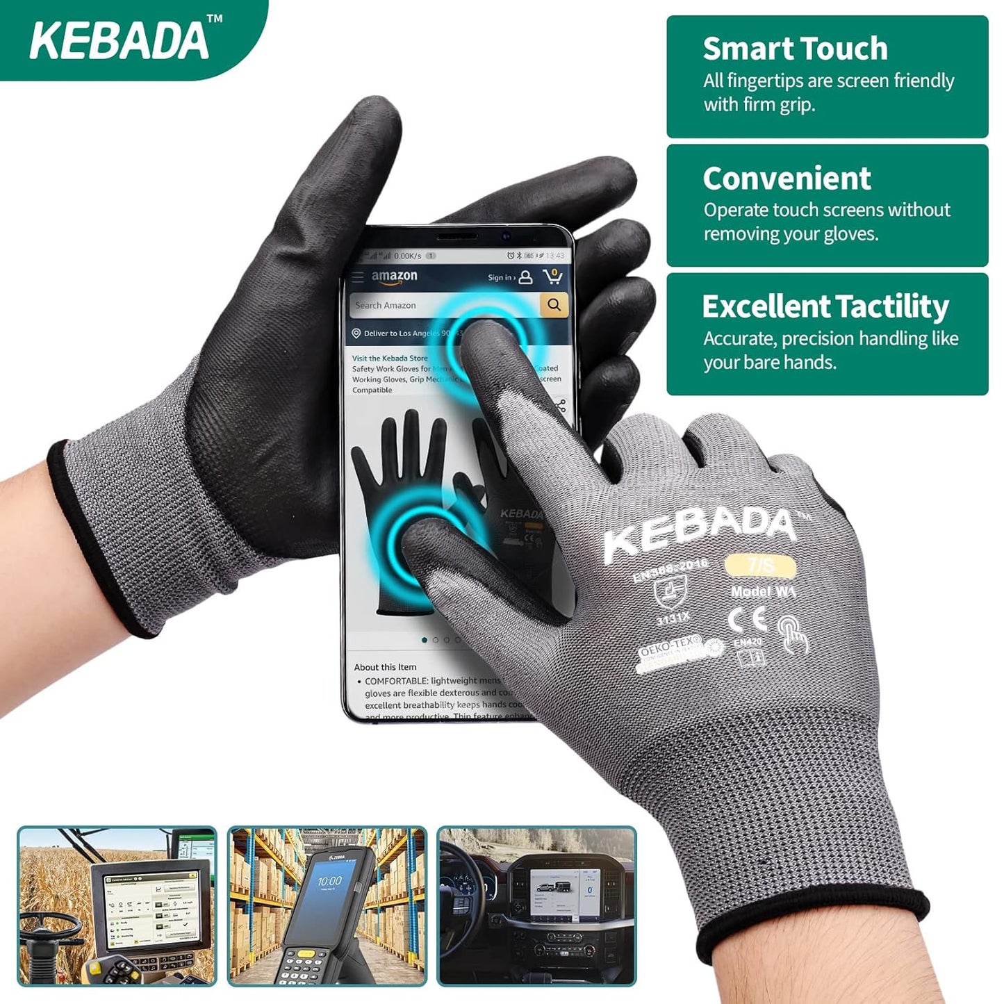 Kebada Safety Work Gloves,120 Pairs Bulk Pack, Touchscreen, PU Coated, Ideal for Warehouse, Construction, Gardening and Mechanics, Grey, Medium