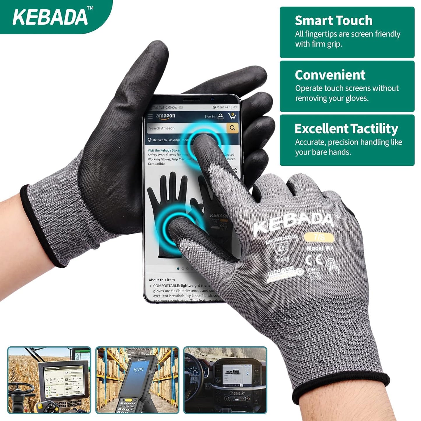 Kebada Safety Work Gloves,120 Pairs Bulk Pack, Touchscreen, PU Coated, Ideal for Warehouse, Construction, Gardening and Mechanics, Grey, Large