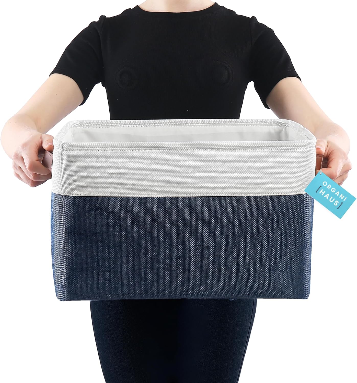 OrganiHaus Extra Large Fabric Storage Bins for Shelves 16x13in, Closet Storage Baskets for Shelf Organizing, Canvas Rectangle Bins for Organization, Linnen Baskets for Organizing - Navy Blue/White