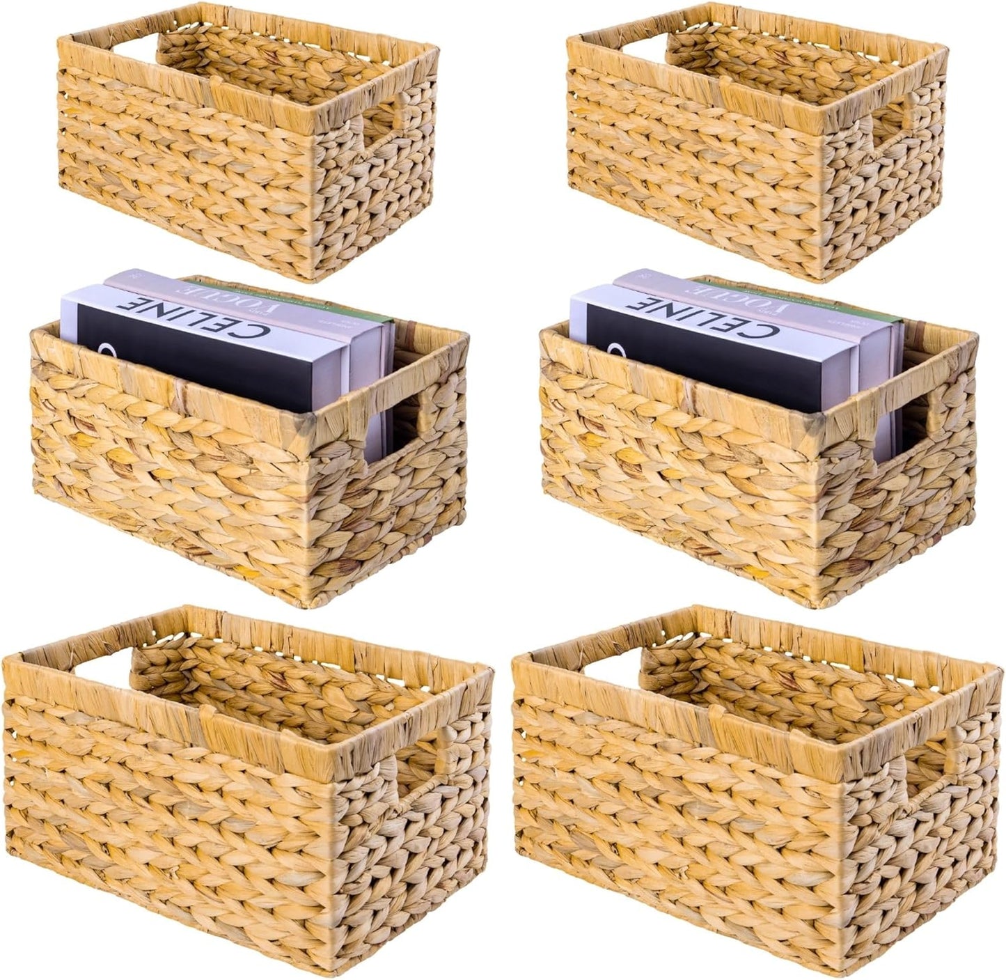 Set of 6 Wicker Storage Basket, Water Hyacinth Storage Baskets, Wicker Storage Baskets for Shelves (Combo 2 Sets SML)