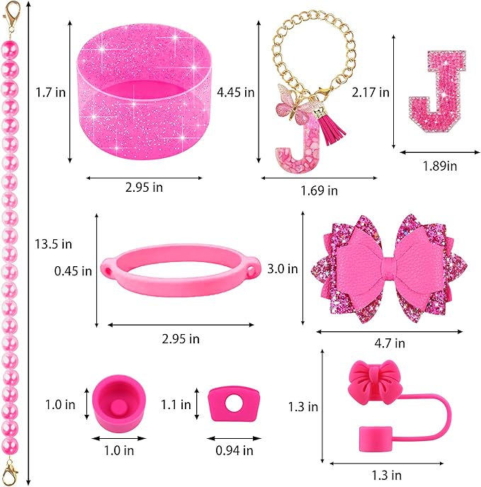 9PCS Hot Pink for Stanley Cup Accessories Set Bling Initials Bow Charms for - Image 3