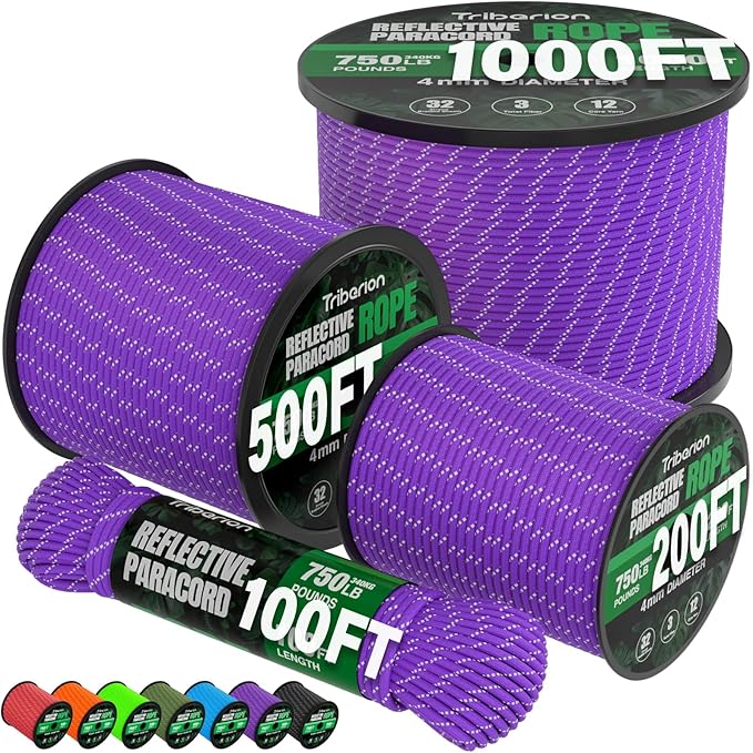 Reflective Paracord Rope 750 lb - 500ft 5/32" Parachute Cord 4MM 12-Strand para by Triberion