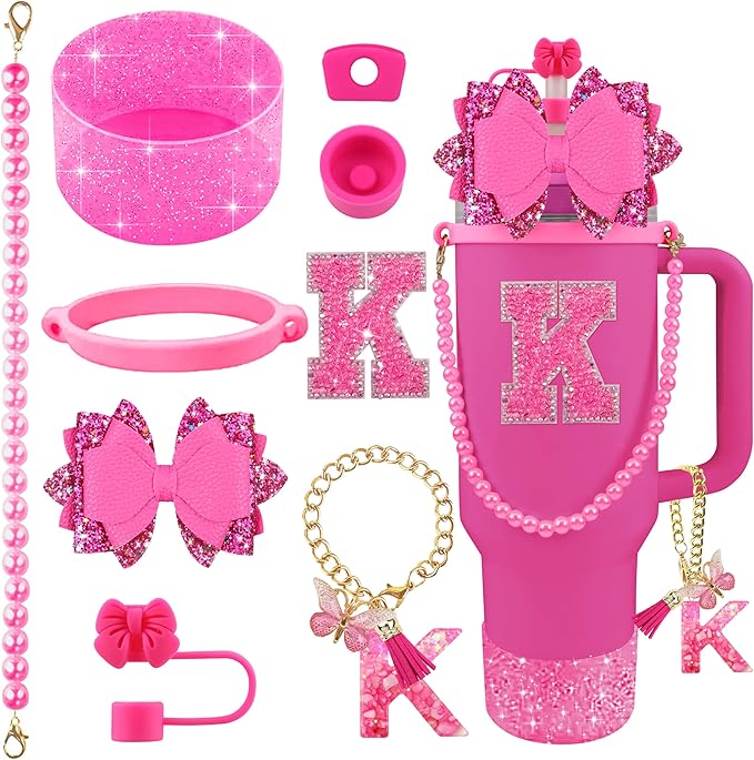 9PCS Hot Pink for Stanley Cup Accessories Set Bling Initials Bow Charms for by Unknown