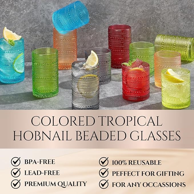 Khen Hobnail Beaded Highball Drinking Tumbler Glasses | Set of 12 | Autumn - Image 2