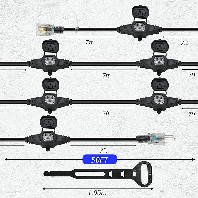 50FT 14 Gauge Heavy Duty Multi-Outlet Outdoor Extension Cord, 7 Evenly Spaced - Image 2