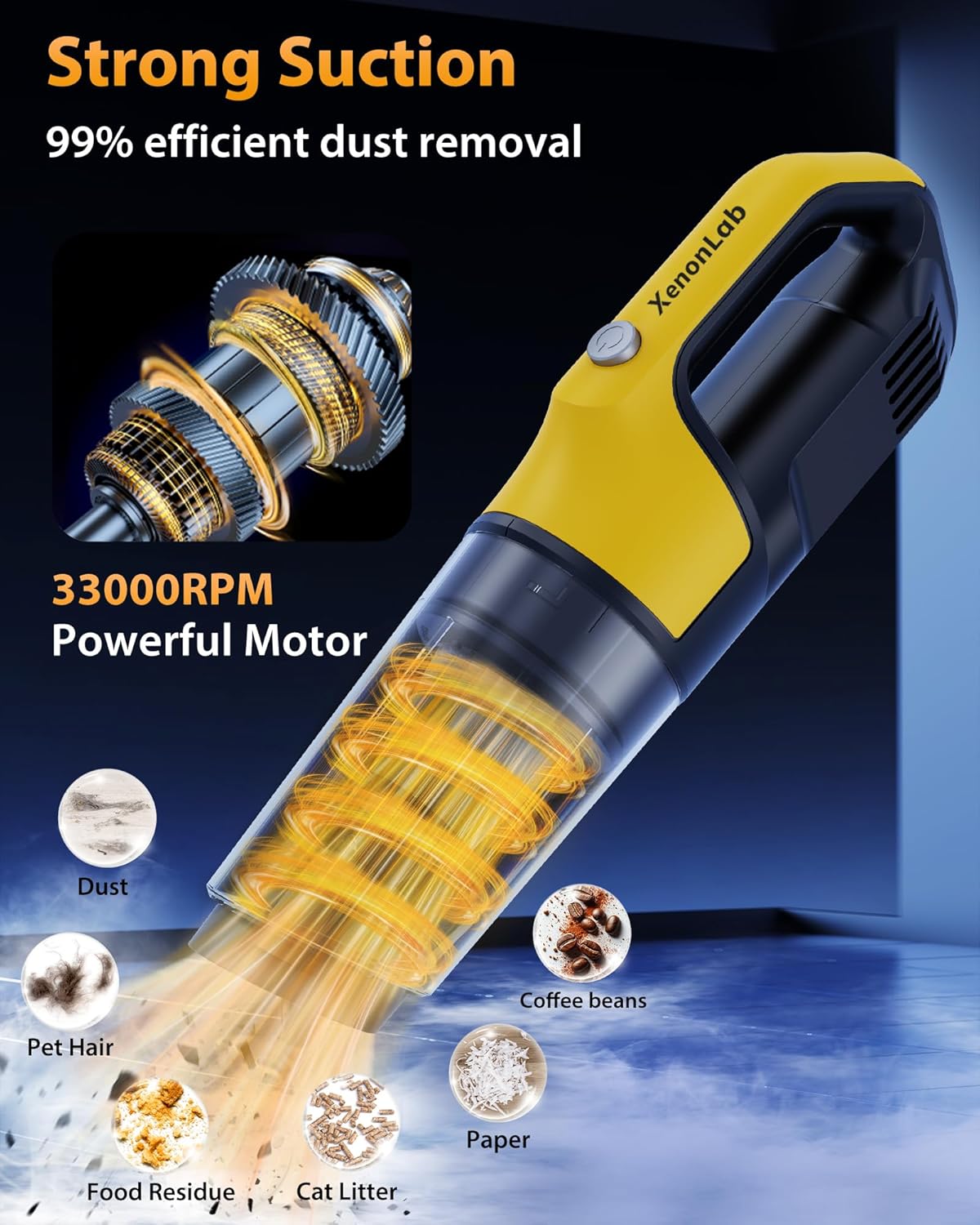 Handheld Vacuum Cordless 1.1 Pounds Car Vac 10000PA Hand Held Vacuums 4-in-1 Hand Vac Cordless Rechargeable HEPA Filter Large Capacity Dust Cup for Car Office Home Pets Hair (Yellow)