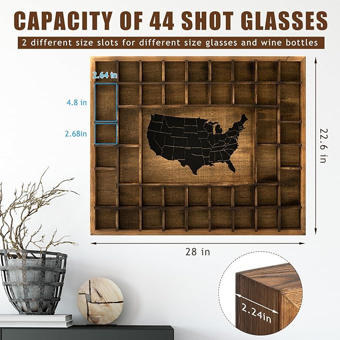 GlikCeil Large Map Slots Shot Glass Display Case Rustic Wood Holder - Image 2