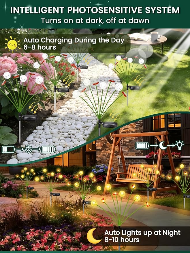 Solar Garden Lights Outdoor, 6 Pack 48 LED, Solar Swaying Dandelion Bee Lights - Image 3