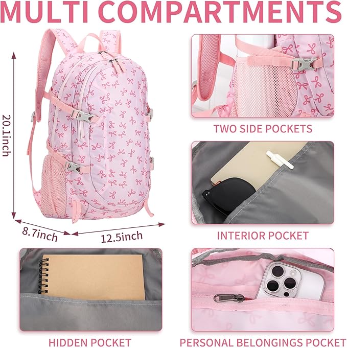 40l Foldable Pink Bow Backpack for Women Pink Waterproof Lightweight Packable - Image 2