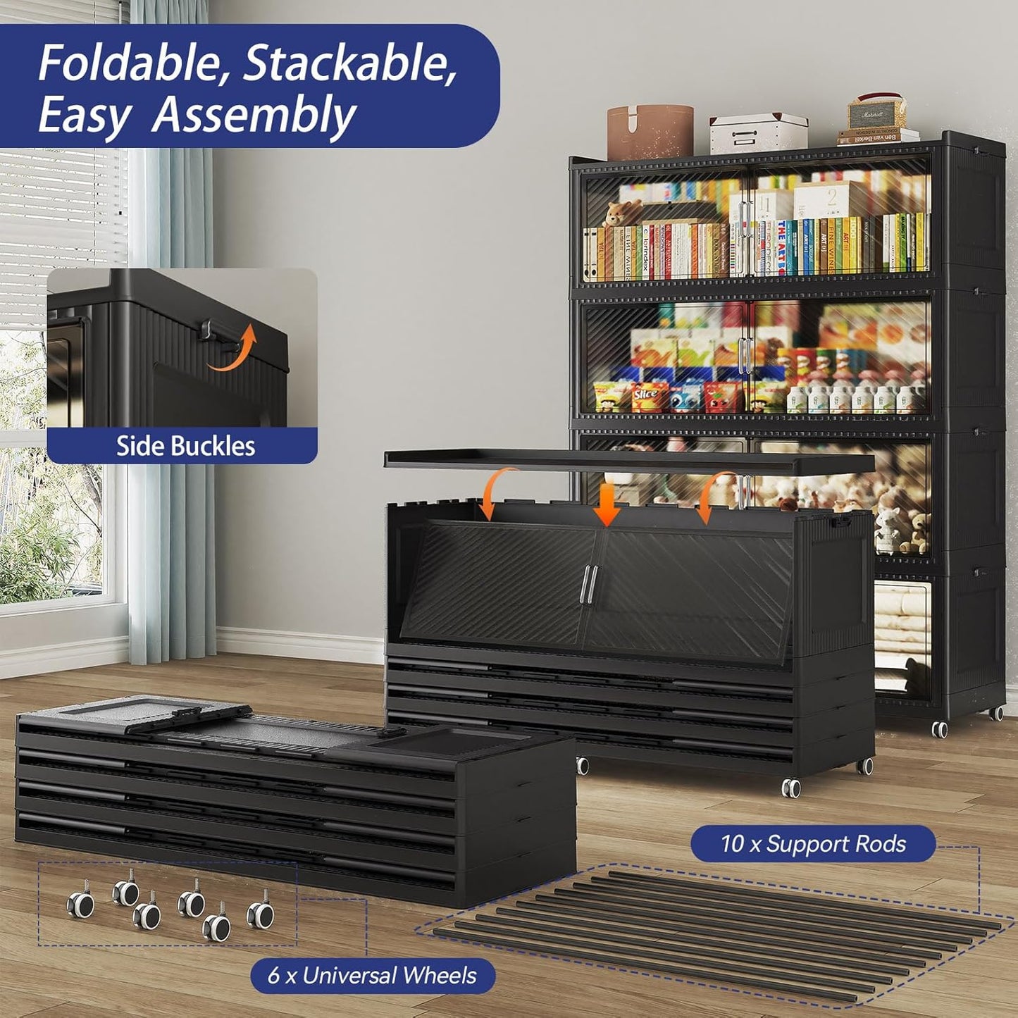 320GAL Extra Large Storage Bins with Lid, 1280QT Collapsible Organizer with Wheels, Stackable Closet Cabinet with Doors, Folding Storage Containers for Home, Office, Dorm, 4Pack Black