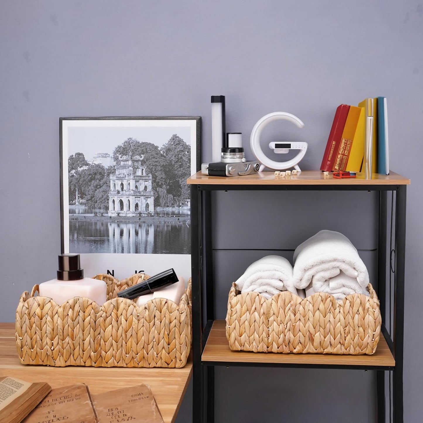 Set of 2 Scalloped Edge Wicker Storage Basket with Built-in Handles, Rectangle Water Hyacinth Basket for Organizing, Decorative Woven Rattan Basket for Shelf, Nursery Room