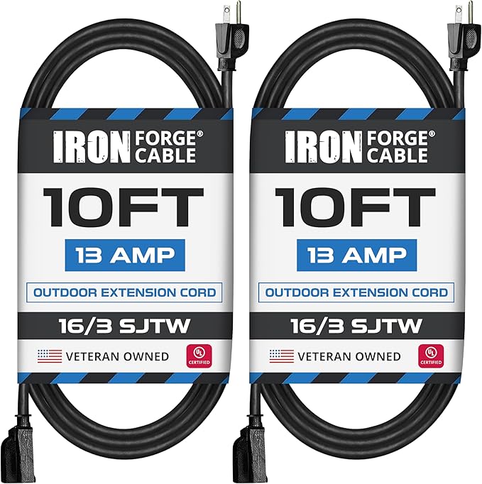 Iron Forge Cable 2 Pack 10 Ft Black Extension Cord, 10 Foot Extension Cord by IronForgeCable
