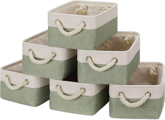 Temary Small Storage Baskets Small Fabric Bins for Closet, 6 Pack Decorative Storage Boxes with Rope Handles for Organizing Clothes, Canvas Storage Basket(White&Green,11.8L x 7.9W x 5.3H inches)