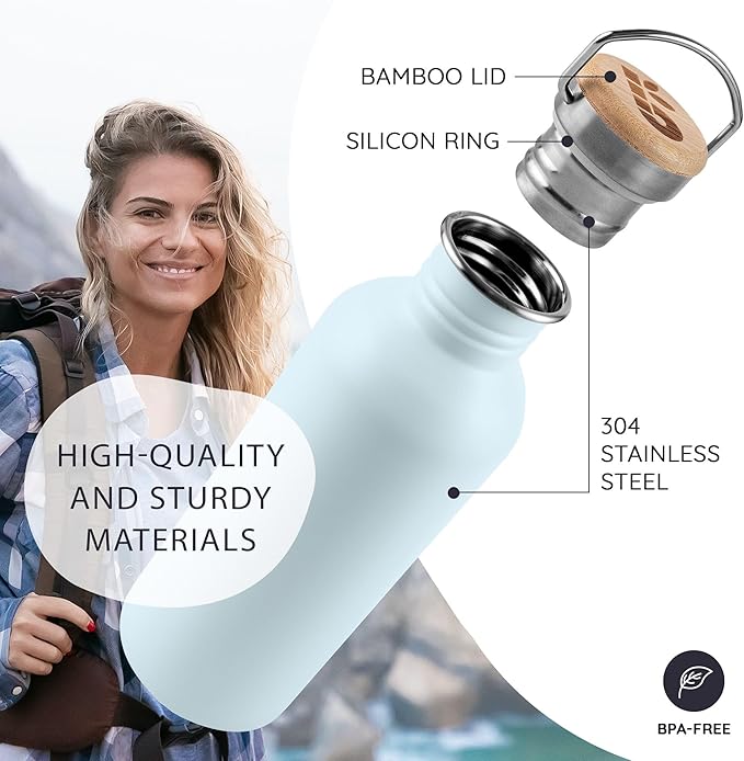 Bambaw Metal Water Bottle 750 ml, Light Blue Sports Bottle, Non-Insulated Water - Image 2