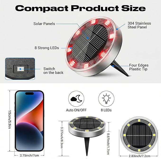 Peasur Mini Solar Ground Lights Outdoor, 8 Pack Flat Solar Powered Disc Lights - Image 5