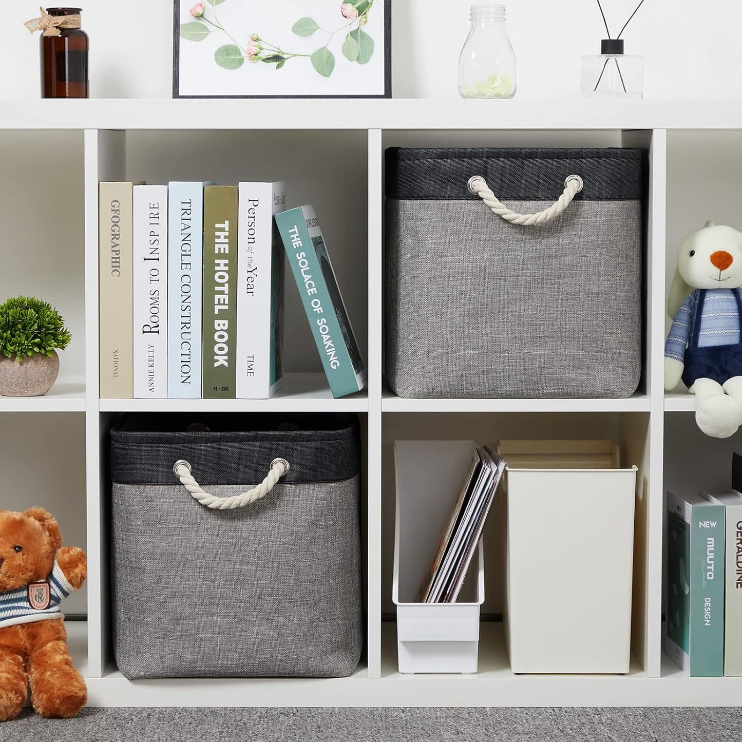 Temary Large Storage Baskets 2 Pack Cloth Basket for Shelves Collapsible Decorative Storage Organizer Baskets Canvas Storage Bins with Handles for Home(Grey&Black,16Lx12Wx12H Inches)