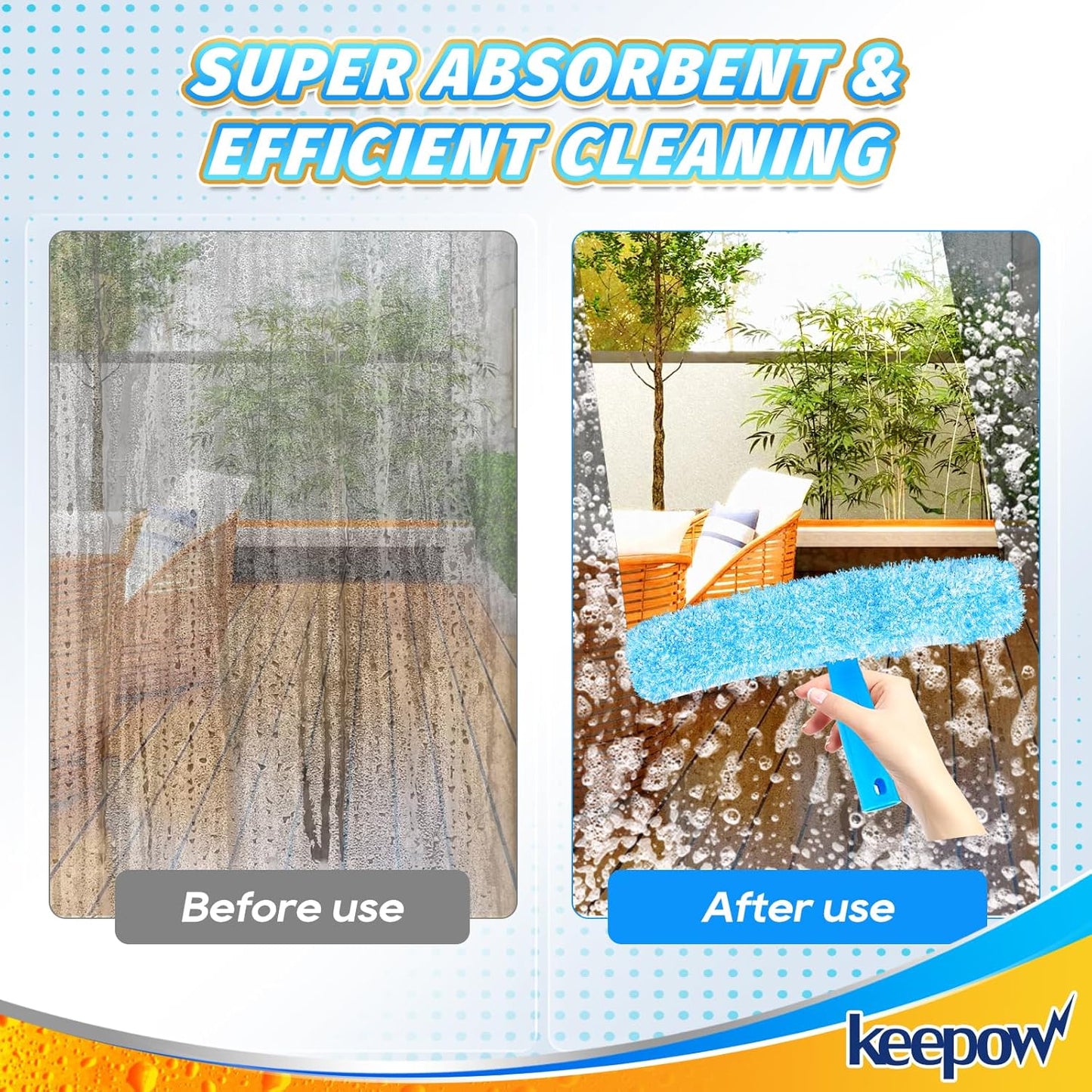 KEEPOW 14" Microfiber Window Scrubber Refill Replacement Compatible with MR.SIGA, Compatible with Ettore Professional Window Cleaning, Reusable & Washable Window Squeegee for Home (3 Pack)