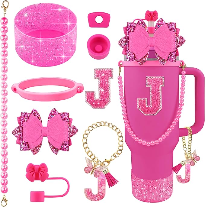 9PCS Hot Pink for Stanley Cup Accessories Set Bling Initials Bow Charms for by Unknown