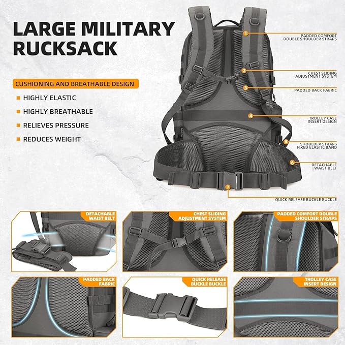 50L Military Tactical Backpack 3 Day Assault Pack Molle Daypack Hiking Backpack - Image 4