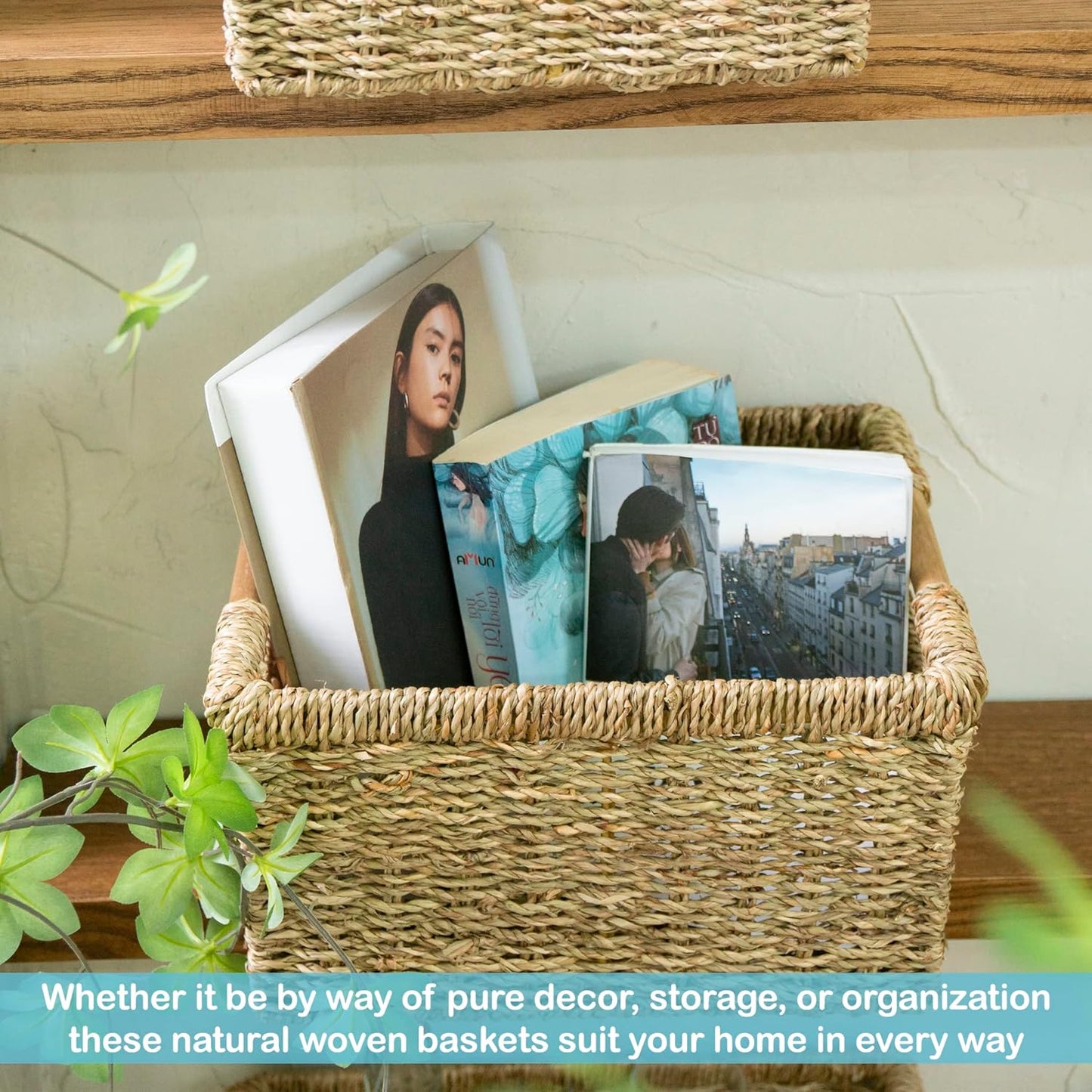 Natural Seagrass Basket with Wooden Handle, Medium Rectuangular Wicker Basket for Living Room 12.2 x 8.9 x 6.7 inches - 3 Pack