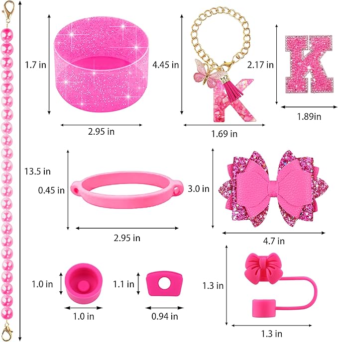 9PCS Hot Pink for Stanley Cup Accessories Set Bling Initials Bow Charms for - Image 3
