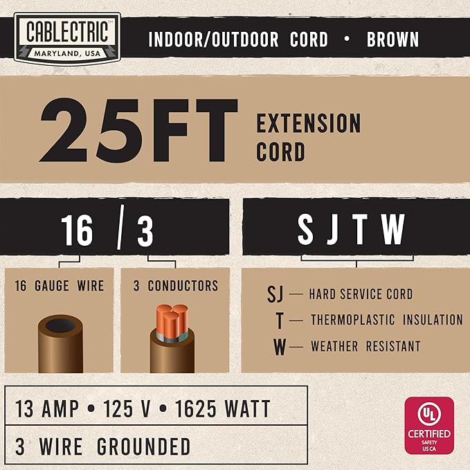 Brown Outdoor Extension Cord 25 ft, 16/3 Heavy Duty Cable - Image 2